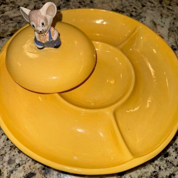 Homemade 1966 vintage ceramic cheese server with mouse topper lid